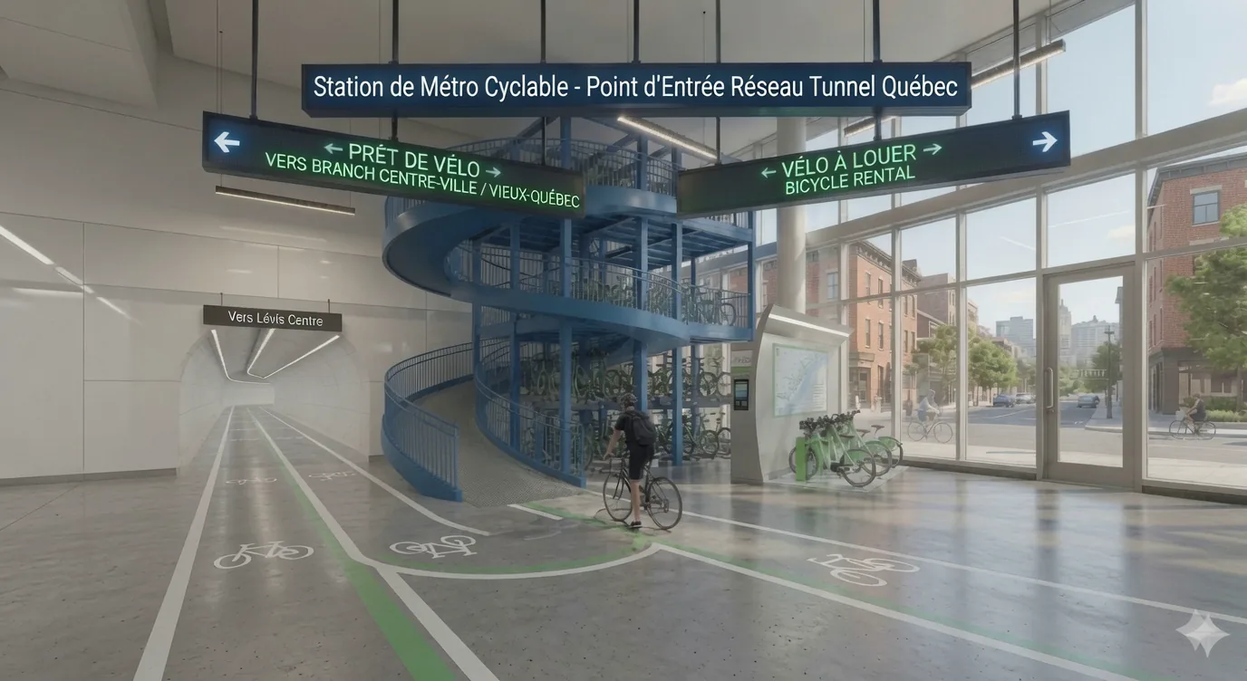 Rendering einer Eingangsstation: verglaster Pavillon auf Straßenniveau, blaue spiralförmige Fahrradständer, Radweg, der in den Tunnel Richtung Lévis hinabtaucht
