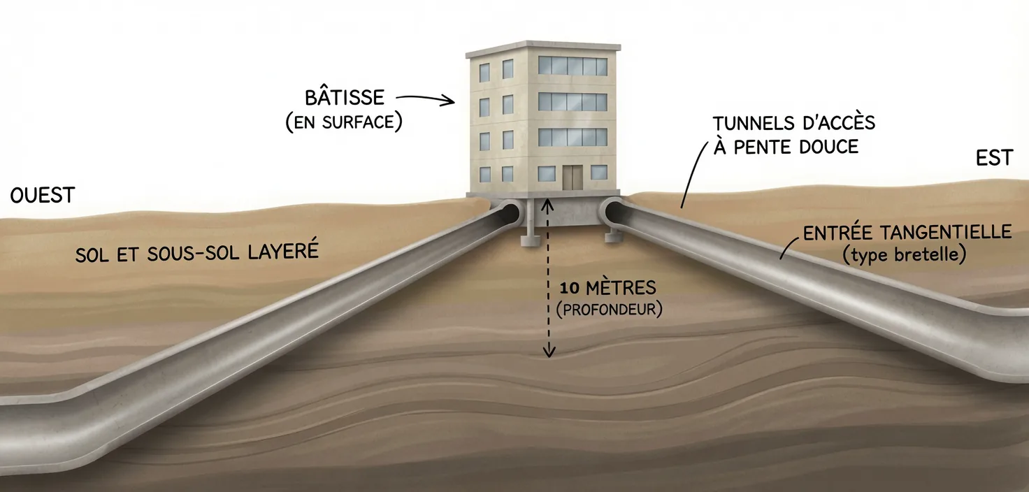 Realistisches Schnittbild: oberirdisches Gebäude über dem Tunnel, zwei Zugangsrampen mit sanftem Gefälle hinab auf 10 m