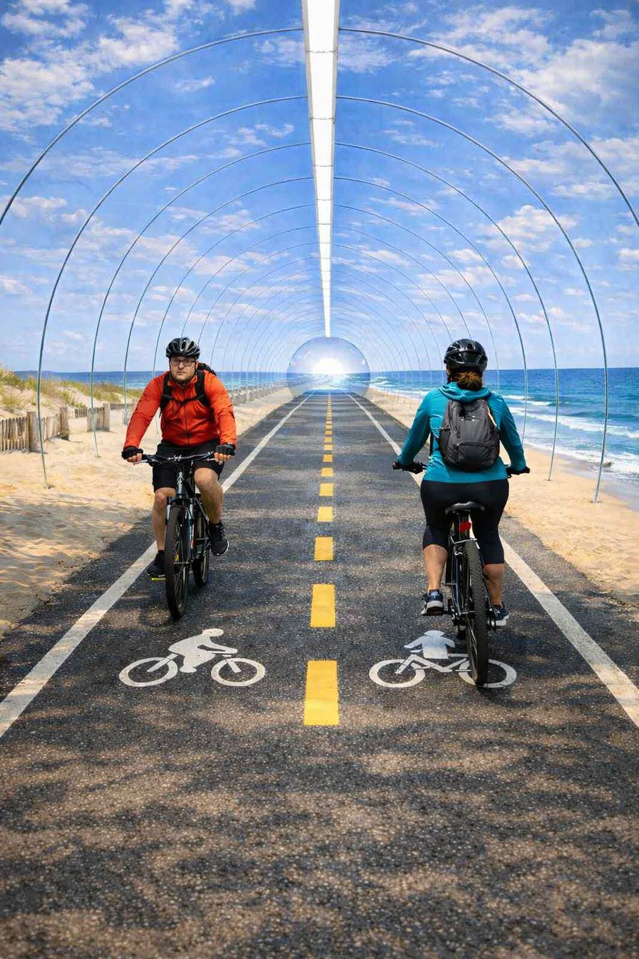 Two cyclists in the tunnel whose walls show a beach and the ocean under a blue sky, the tunnel opening onto a sunny sea horizon