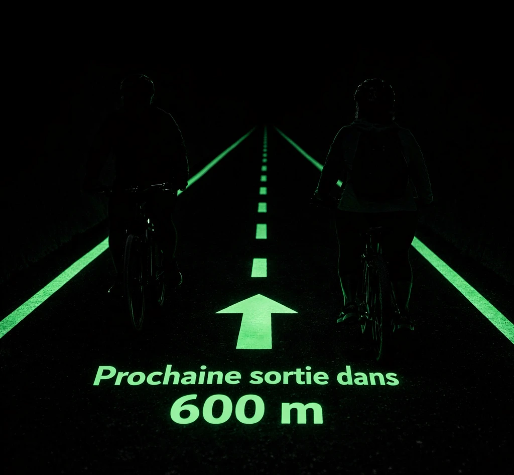 Bike tunnel in the dark, green phosphorescent lines on the ground showing the direction and &ldquo;Next exit in 600 m&rdquo;