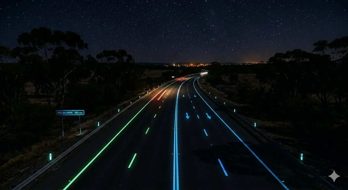 Autoroute de nuit avec lignes de marquage phosphorescentes vertes et bleues brillant dans l'obscurité