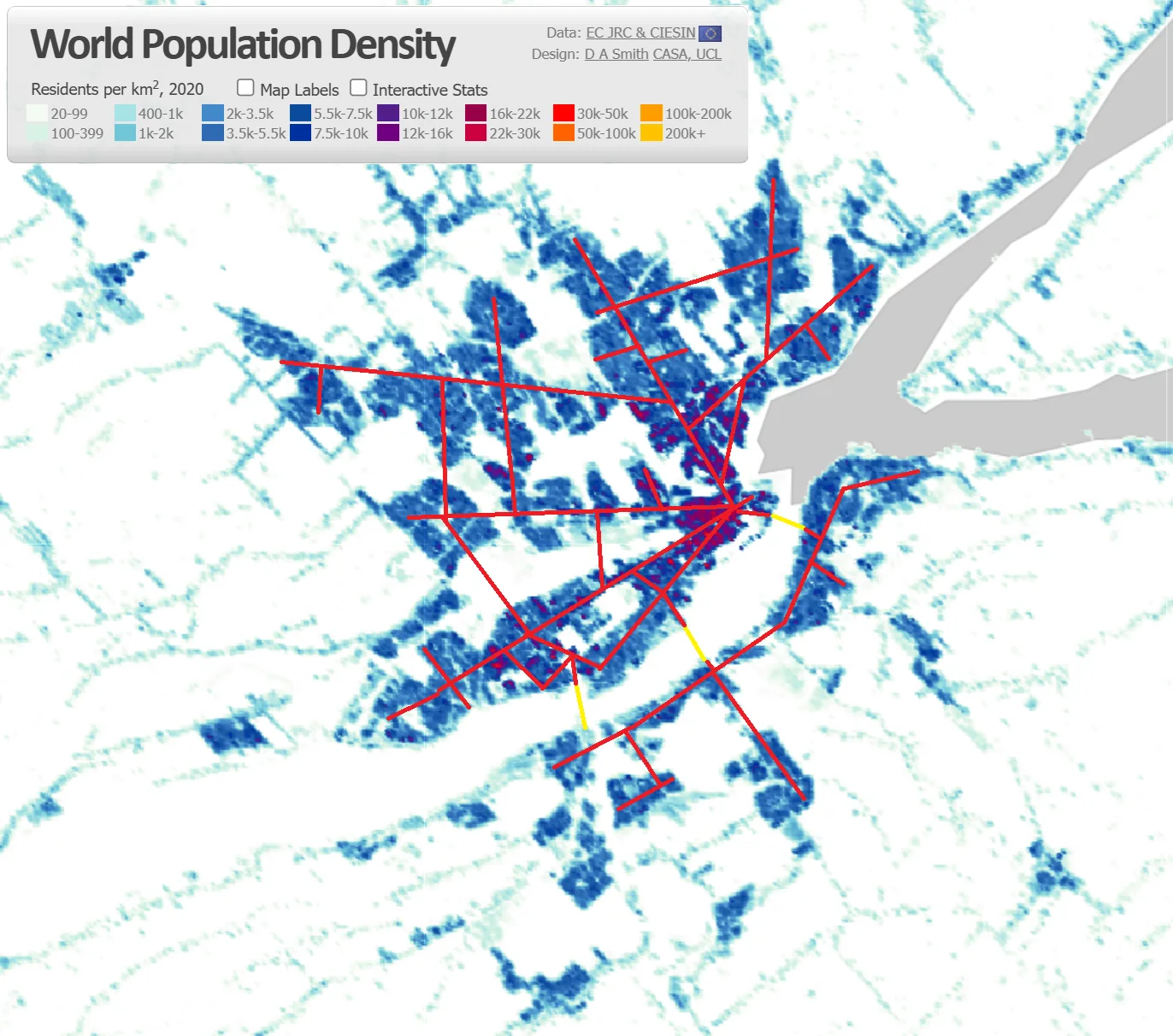 Carte de densité de population de la région de Québec avec le tracé du réseau de tunnels superposé en rouge et les liaisons Québec-Lévis en jaune