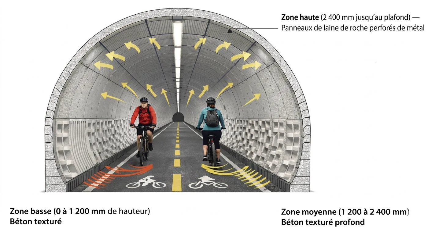 Schéma acoustique du tunnel avec zones béton texturé et panneaux