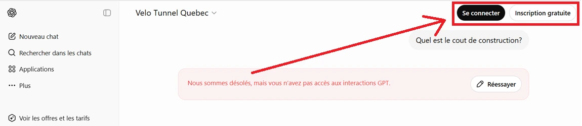 Schermata di ChatGPT: appare il messaggio « Spiacenti, non hai accesso alle interazioni GPT », con una freccia che indica i pulsanti « Accedi » e « Registrati gratis » in alto a destra.