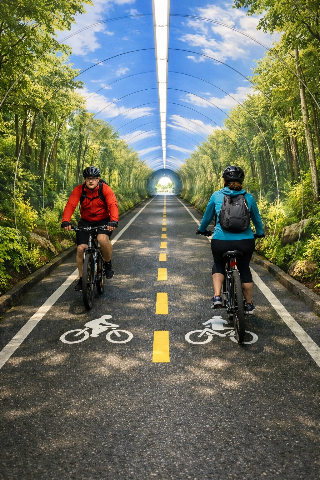 照明された地下自転車トンネルを走る2人のサイクリスト