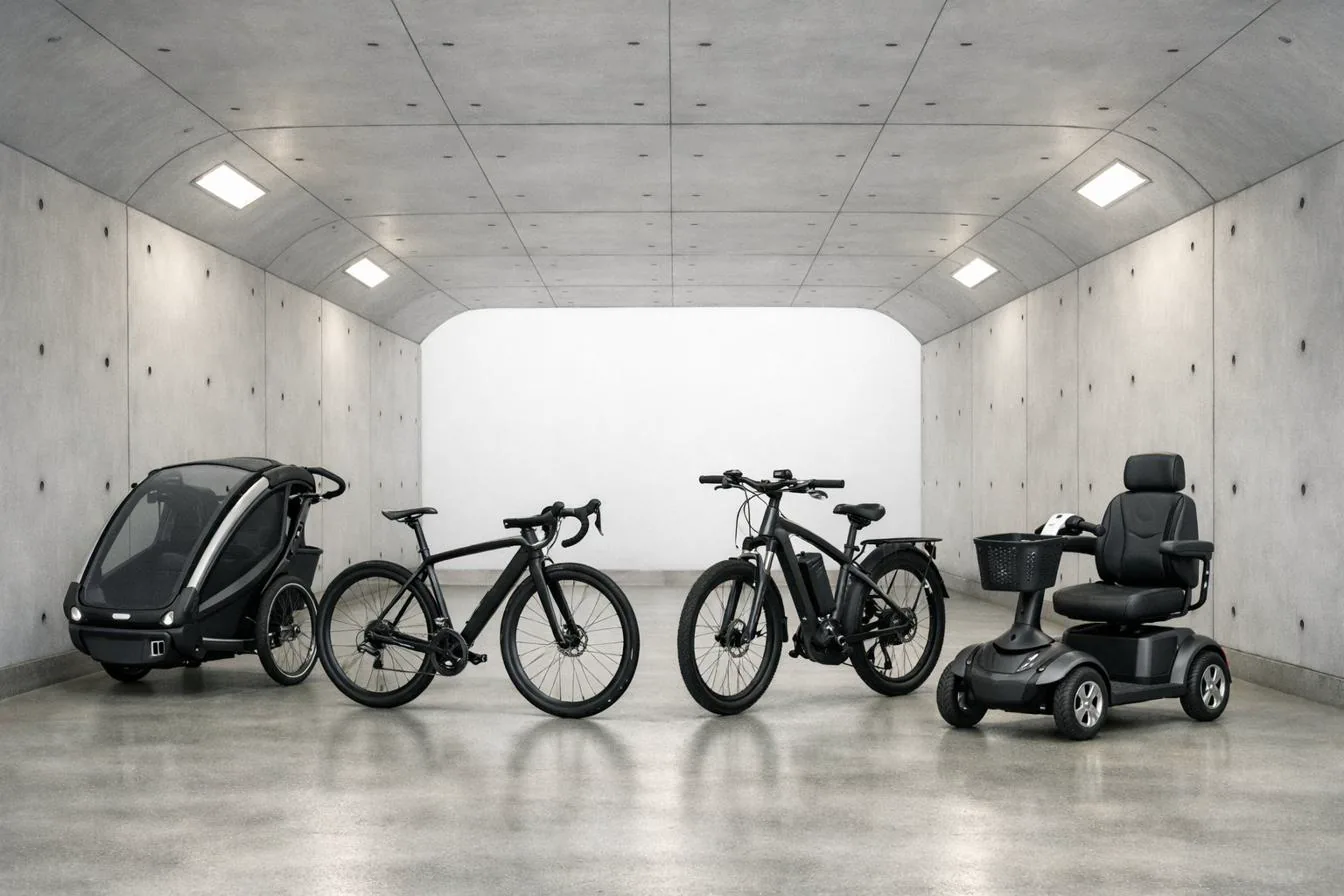許可車両の種類：チャイルドトレーラー、自転車、電動自転車、モビリティスクーター